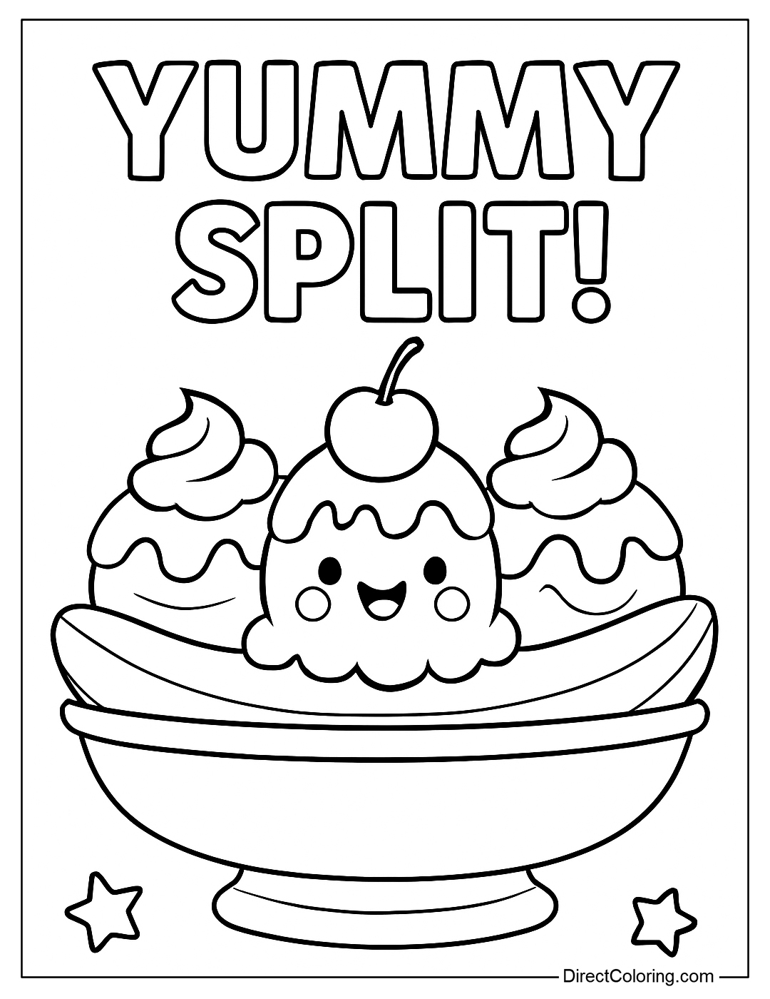 a detailed banana split coloring page: banana, ice cream, sauce, whipped cream, cherry. It says 